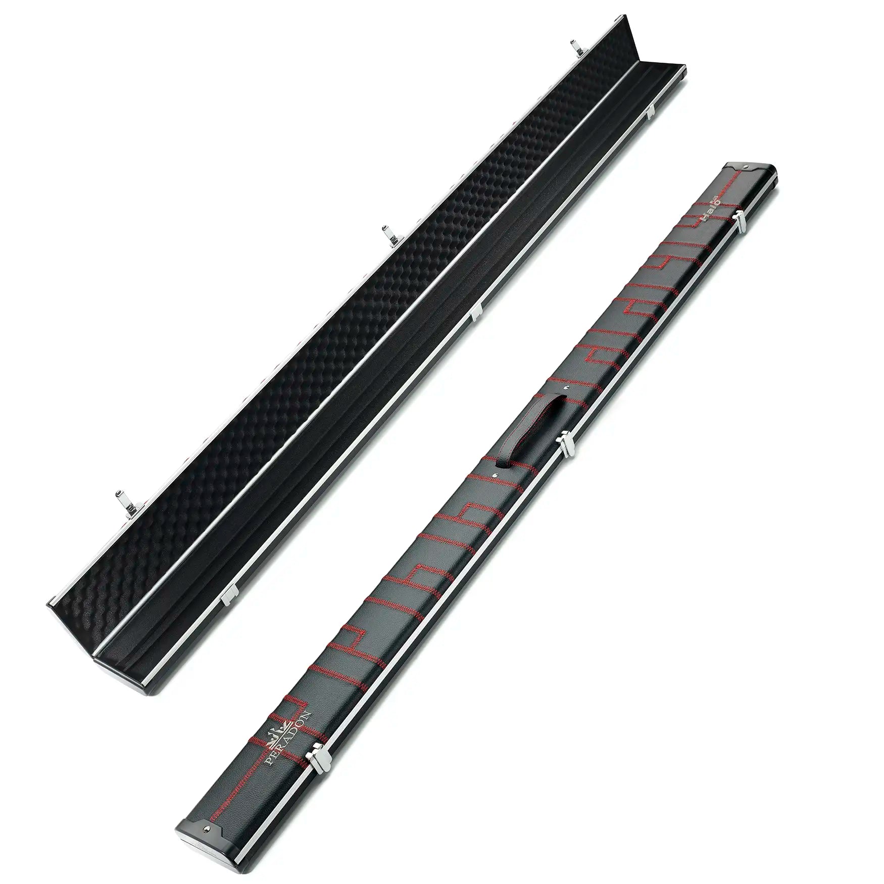 Peradon Black Patch & Red Stitch Halo Plus One Piece Cue Case  full lengh open and closed view
