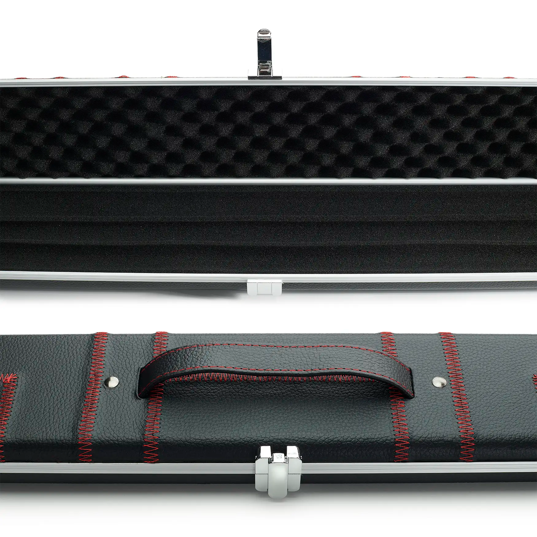 Peradon Black Patch & Red Stitch Halo Plus One Piece Cue Case mid open and closed view

