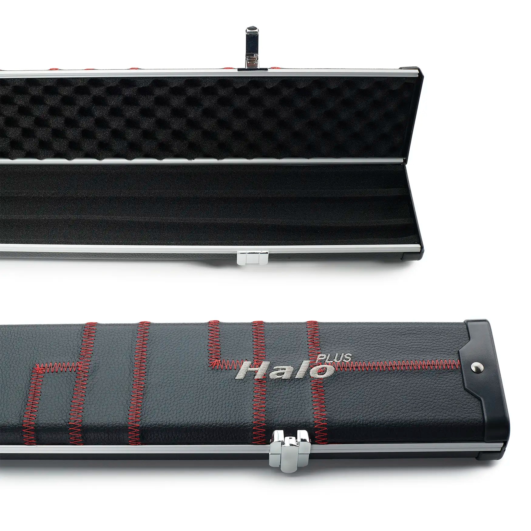 Peradon Black Patch & Red Stitch Halo Plus One Piece Cue Case  open end and closed view
