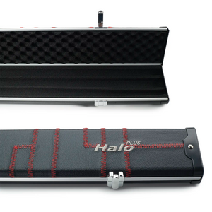 Peradon Black Patch & Red Stitch Halo Plus One Piece Cue Case  open end and closed view
