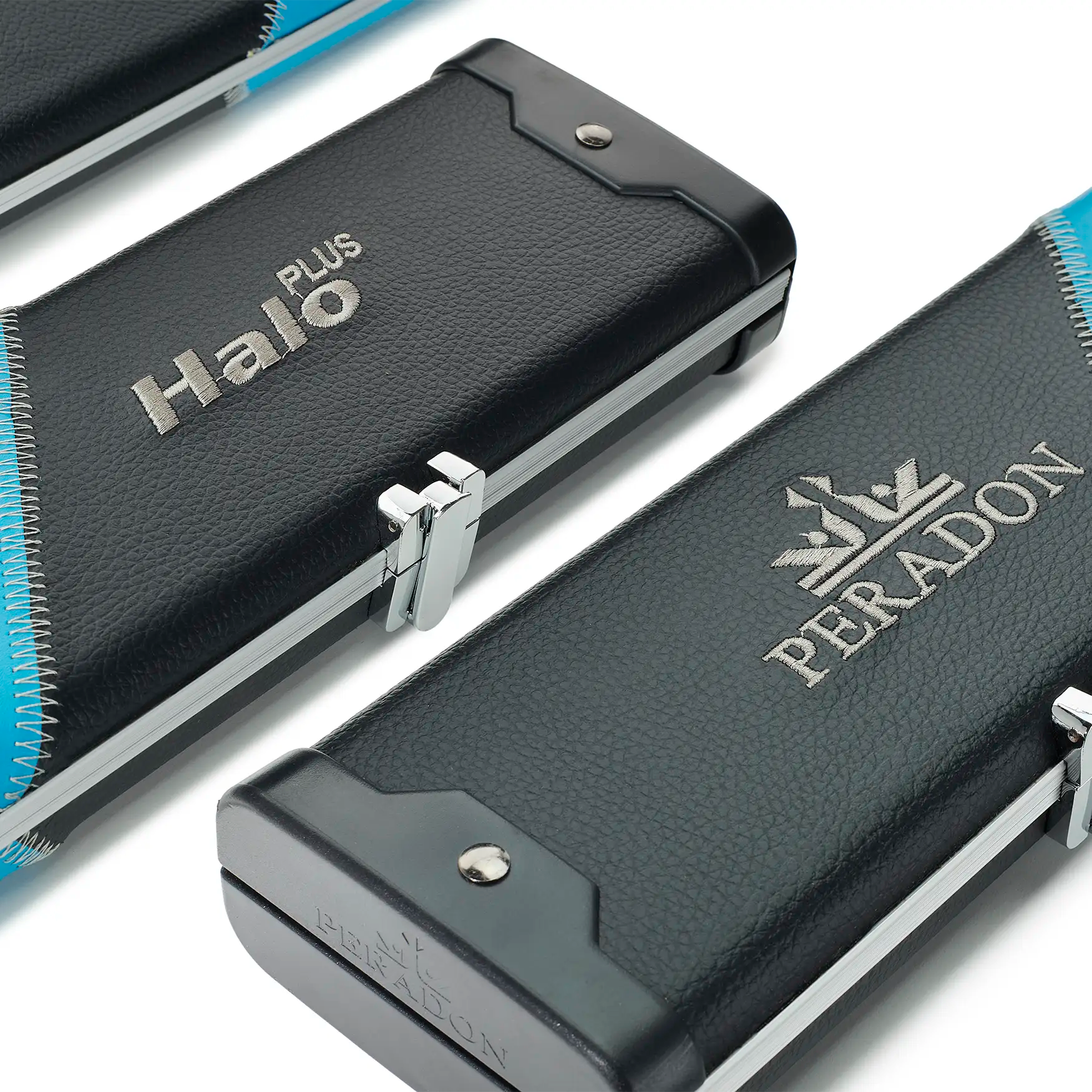 Peradon Black & Sky Blue Stripe Halo Plus 3/4 Cue Case Halo plus and Peradon logo view