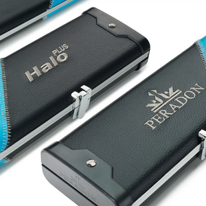 Peradon Black & Sky Blue Stripe Halo Plus 3/4 Cue Case Halo plus and Peradon logo view