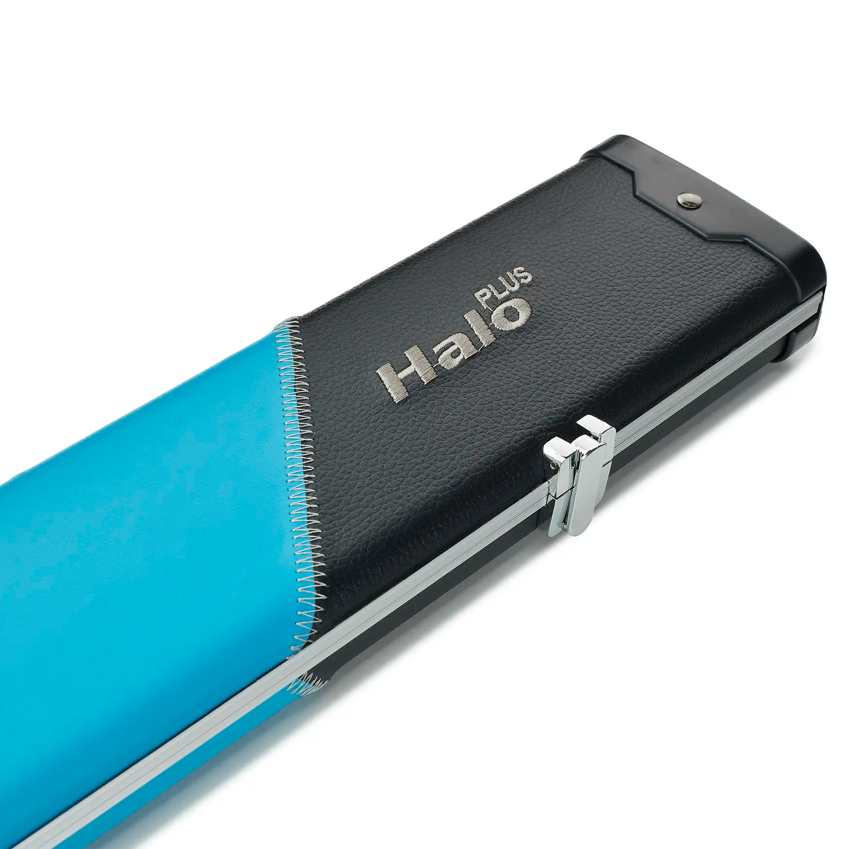 Peradon Black & Sky Blue Stripe Halo Plus 3/4 Cue Case Halo plus logo view