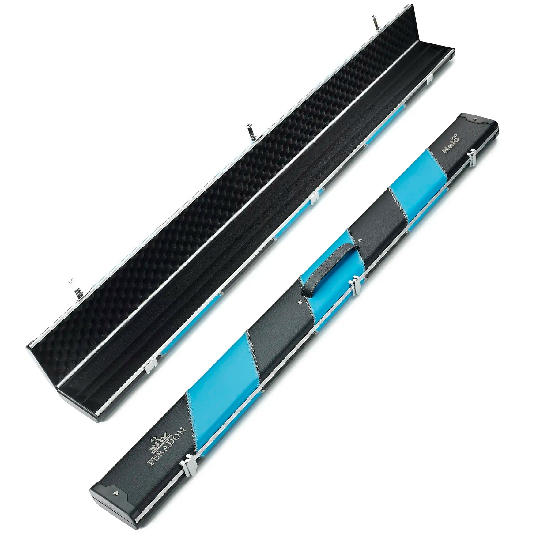 Peradon Black & Sky Blue Stripe Halo Plus 3/4 Cue Case full lengh open and closed view