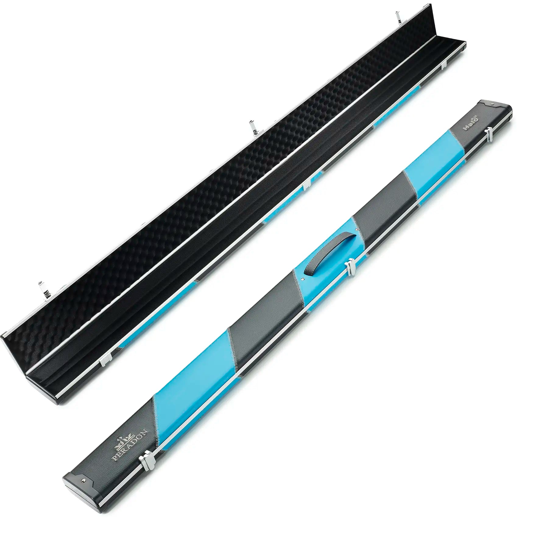 Peradon Black & Sky Blue Stripe Halo Plus One Piece Cue Case full lengh open and closed view
