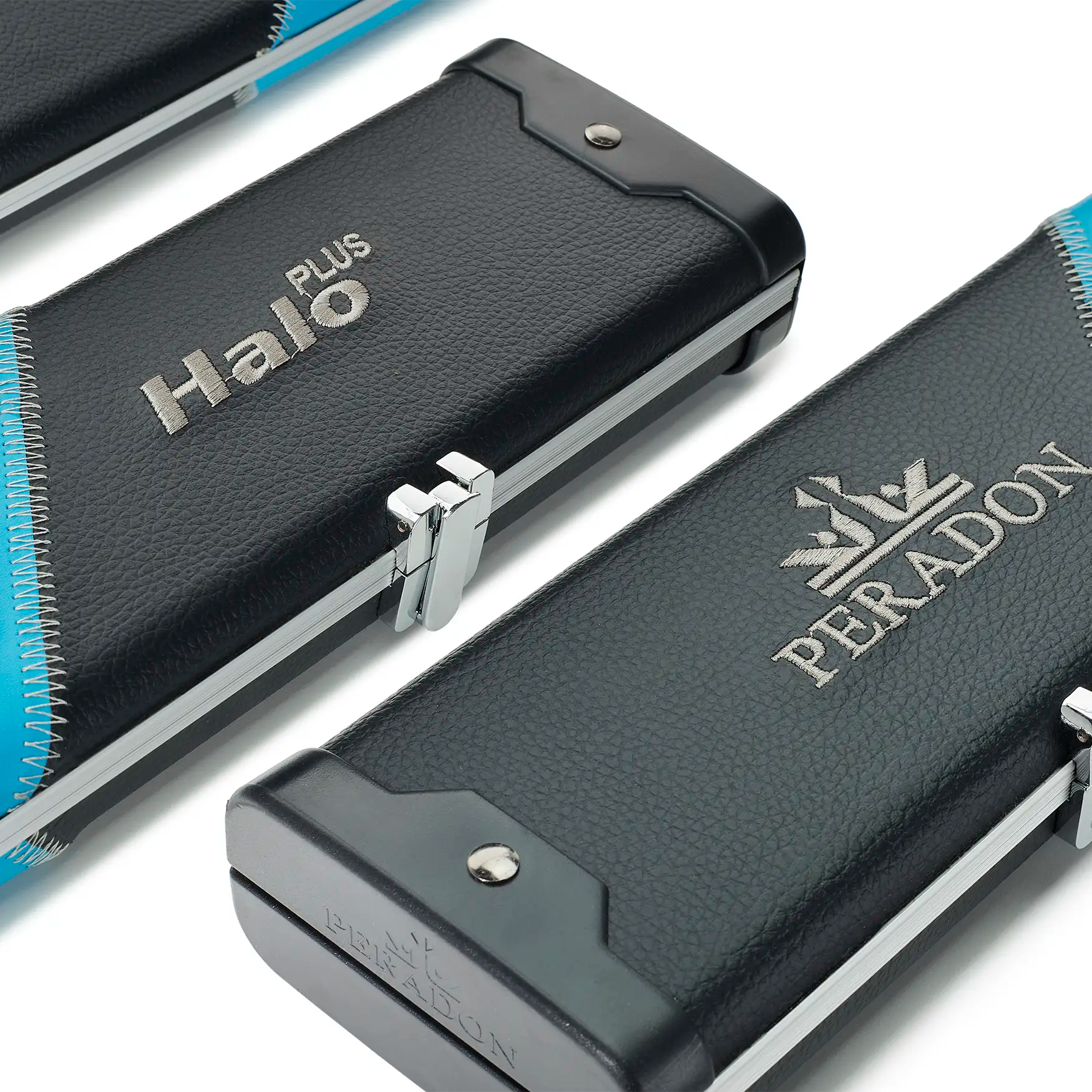 Peradon Black & Sky Blue Stripe Halo Plus One Piece Cue Case logos view
