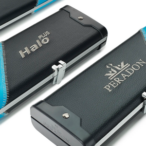 Peradon Black & Sky Blue Stripe Halo Plus One Piece Cue Case logos view
