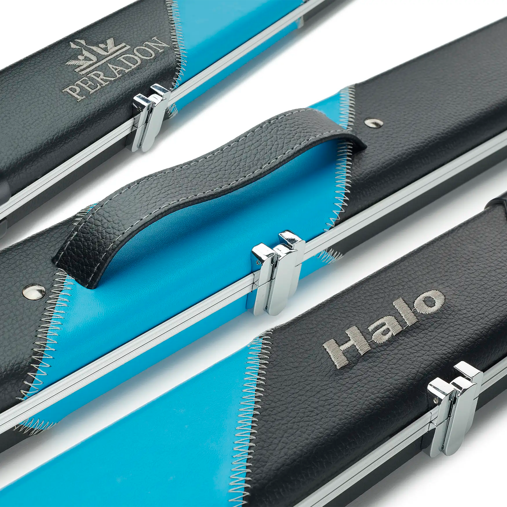 Peradon Black & Sky Blue Stripe Halo Wide One Piece Cue Case assorted view