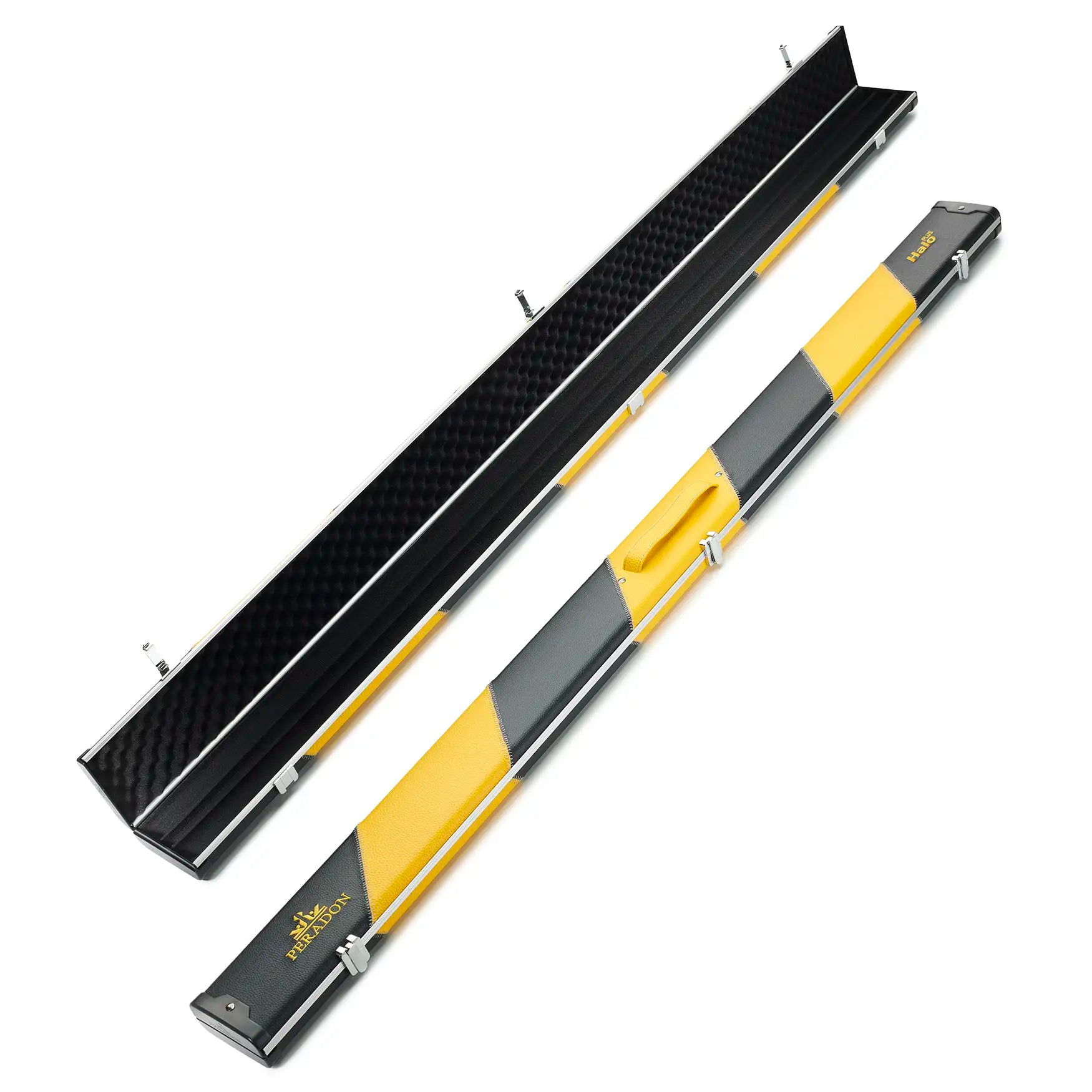 Peradon Black & Yellow Stripe Halo Plus One Piece Cue Case Peradon full lengh open and closed view 
