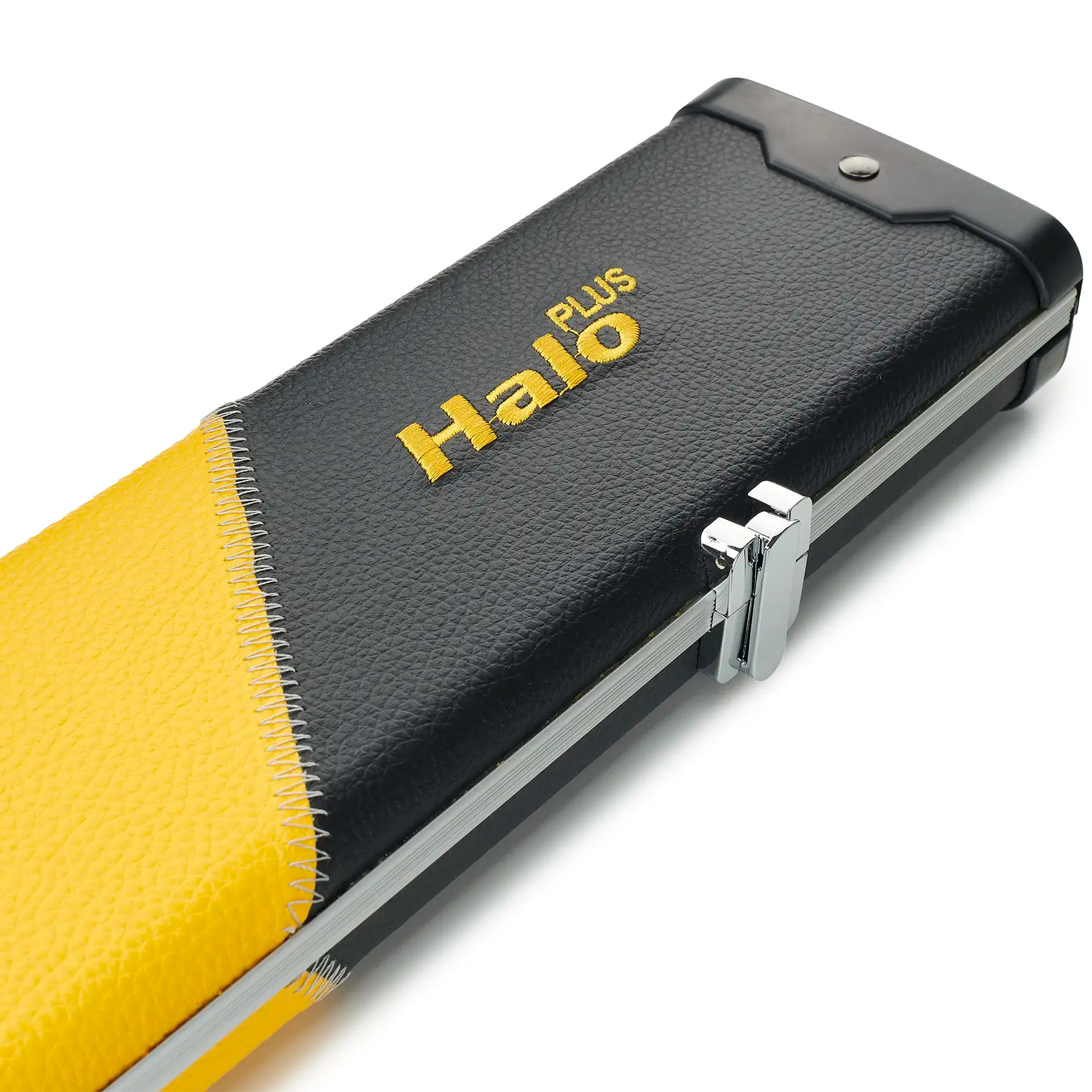 Peradon Black & Yellow Stripe Halo Plus One Piece Cue Case open Halo logo view 
