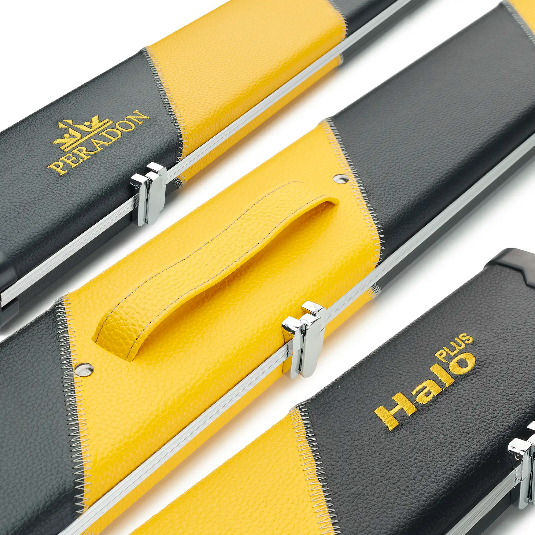 Peradon Black & Yellow Stripe Halo Plus One Piece Cue Case open assorted view 

