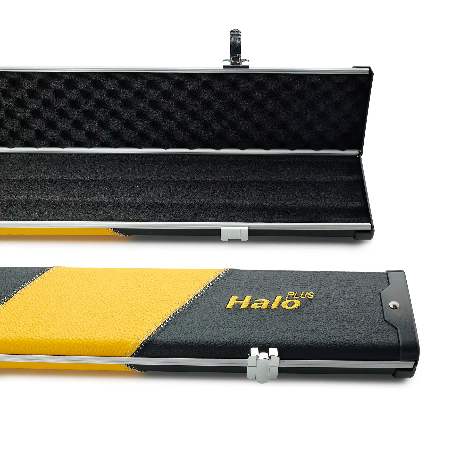 Peradon Black & Yellow Stripe Halo Plus One Piece Cue Case open end view 
