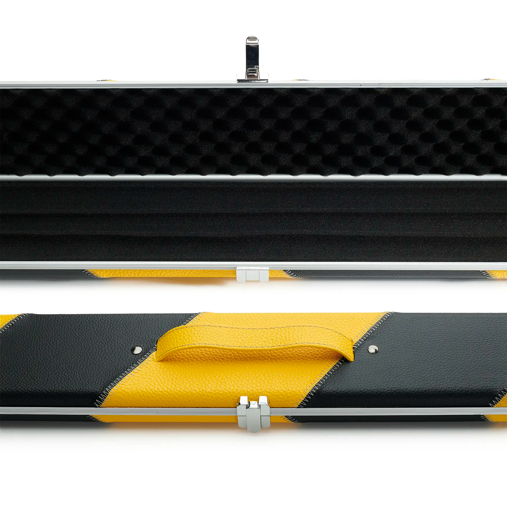 Peradon Black & Yellow Stripe Halo Plus One Piece Cue Case open mid view 

