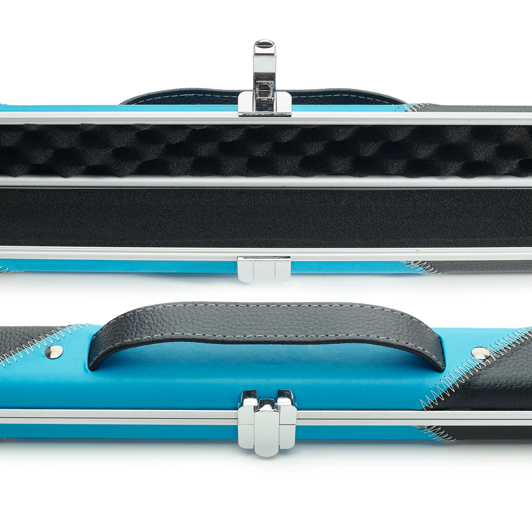 Peradon Black and Sky Blue Stripe Halo Thin One Piece Cue Case open and closed view