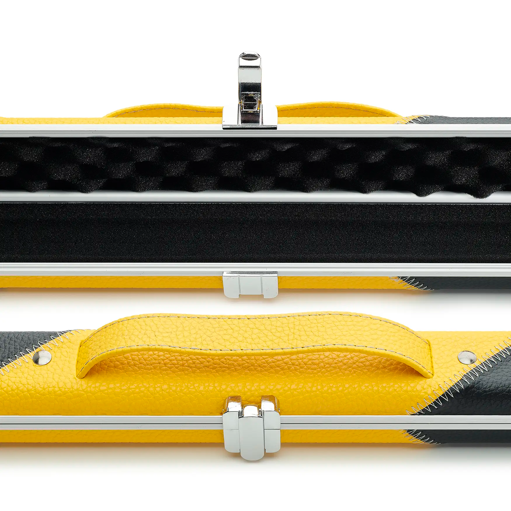 Peradon Black and Yellow Stripe Halo Thin One Piece Cue Case open and closed view