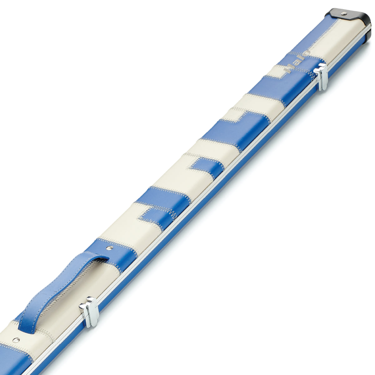 Peradon Blue & Cream Patch Halo Wide One Piece Cue Case Close Up