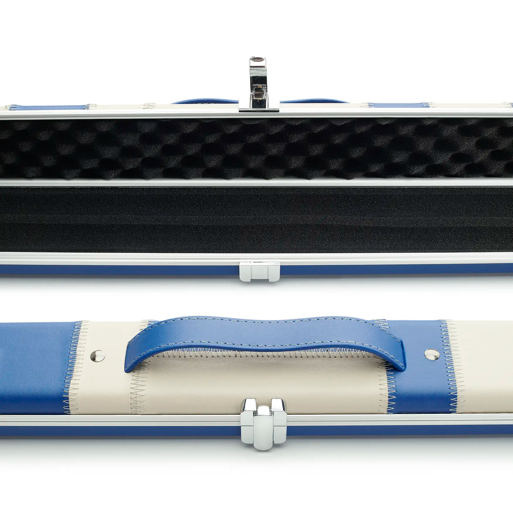 Peradon Blue & Cream Patch Halo Wide One Piece Cue Case mid view
