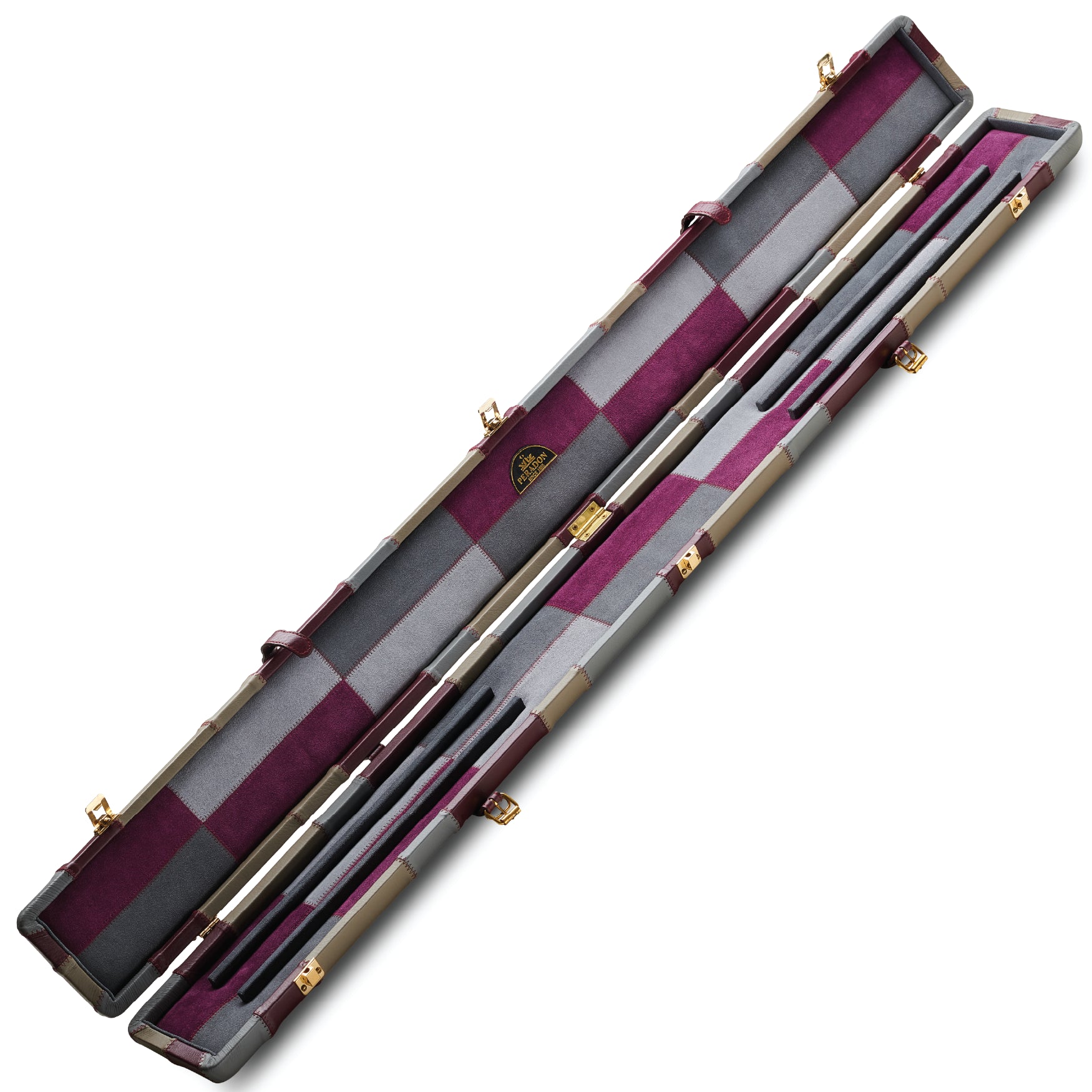 Peradon Burgundy & Grey Block Genuine Leather 3/4 Cue Case Full View Open