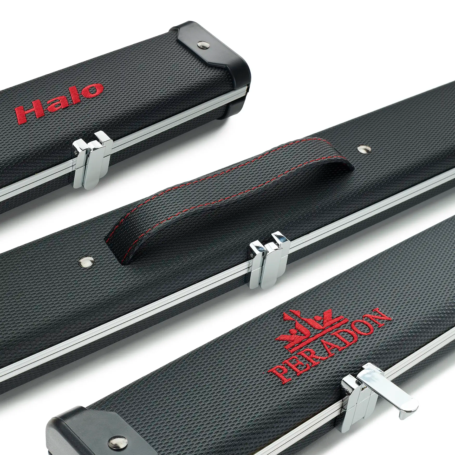 Peradon Carbon & Red Logo Halo Wide One Piece Cue Case assorted view
