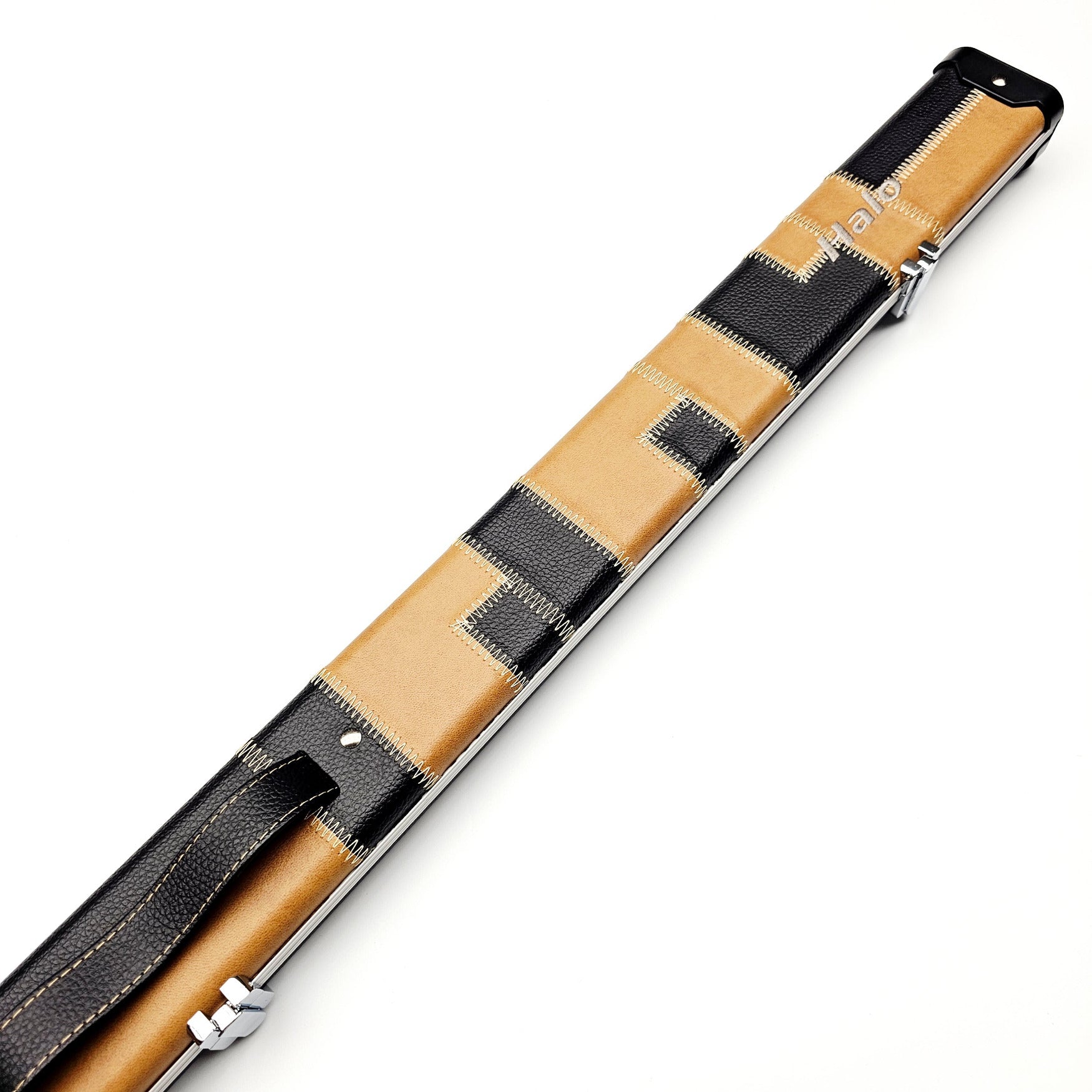 Peradon Limited Edition Black & Beige Patch Halo 3/4 Cue Case - Exterior on angle view