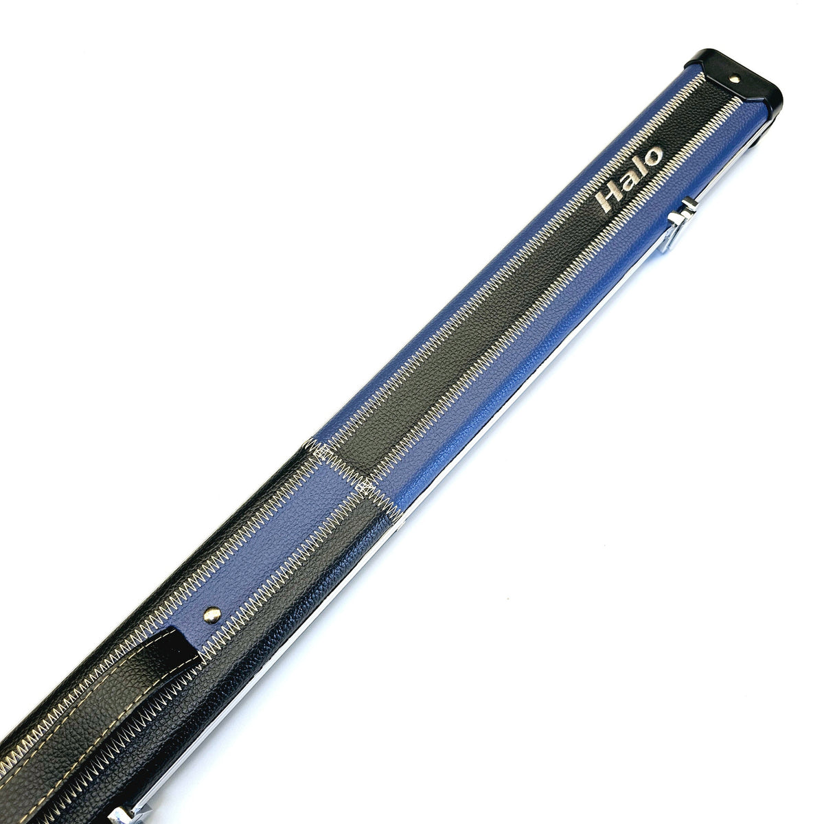 Peradon Limited Edition Black & Blue Block Halo One Piece Cue Case - Exterior on angle view