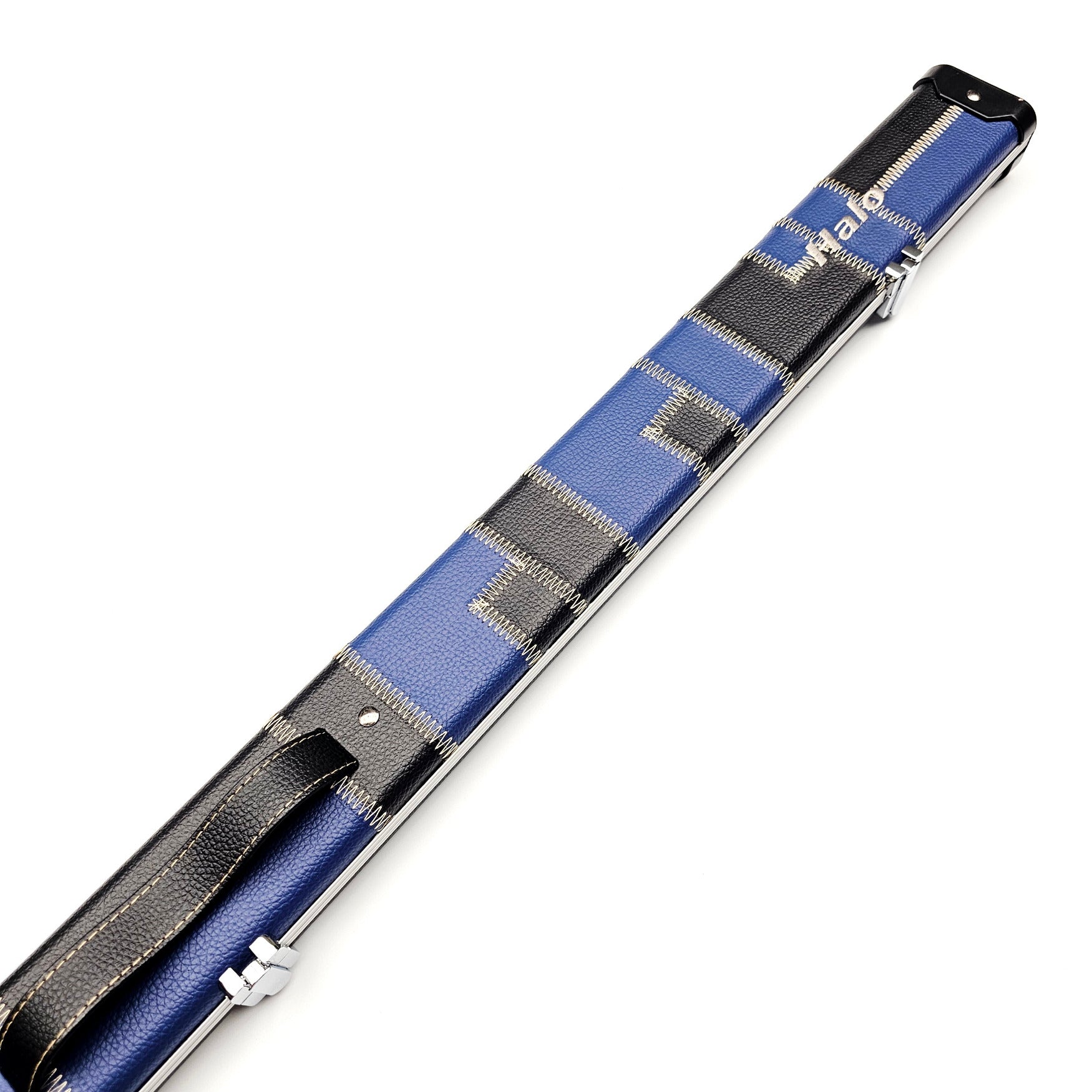 Peradon Limited Edition Black & Blue Patch Halo 3/4 Cue Case - Exterior on angle view