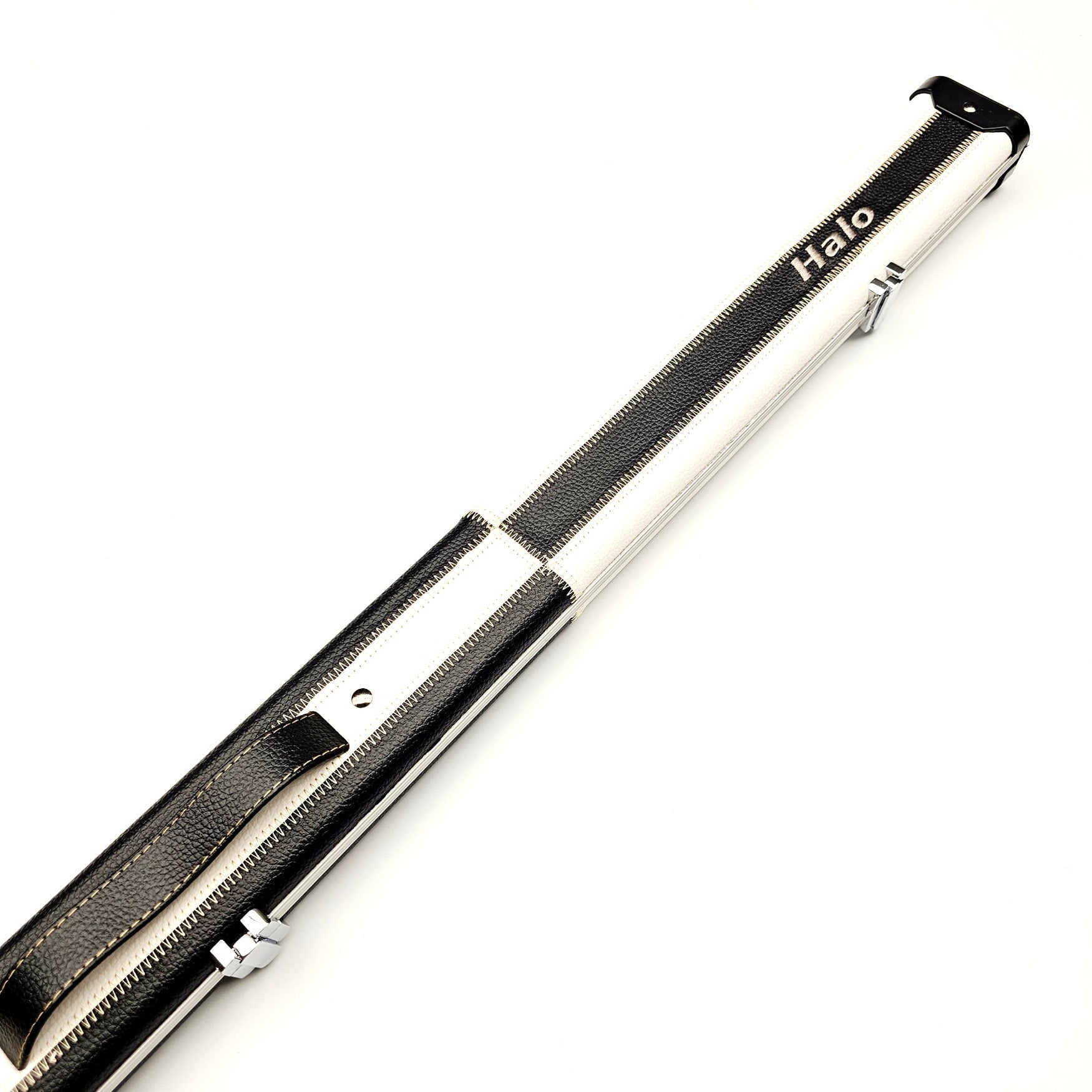 Peradon Limited Edition Black & White Block Halo 3/4 Cue Case - Exterior on angle view