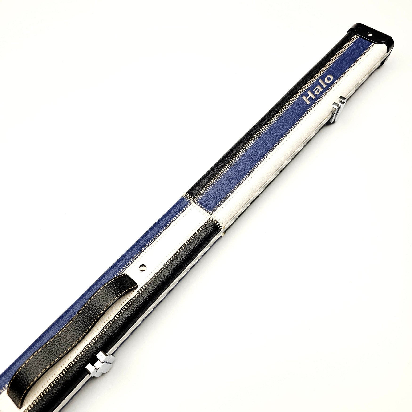 Peradon Limited Edition Black, White & Blue Block Halo 3/4 Cue Case - Exterior on angle view
