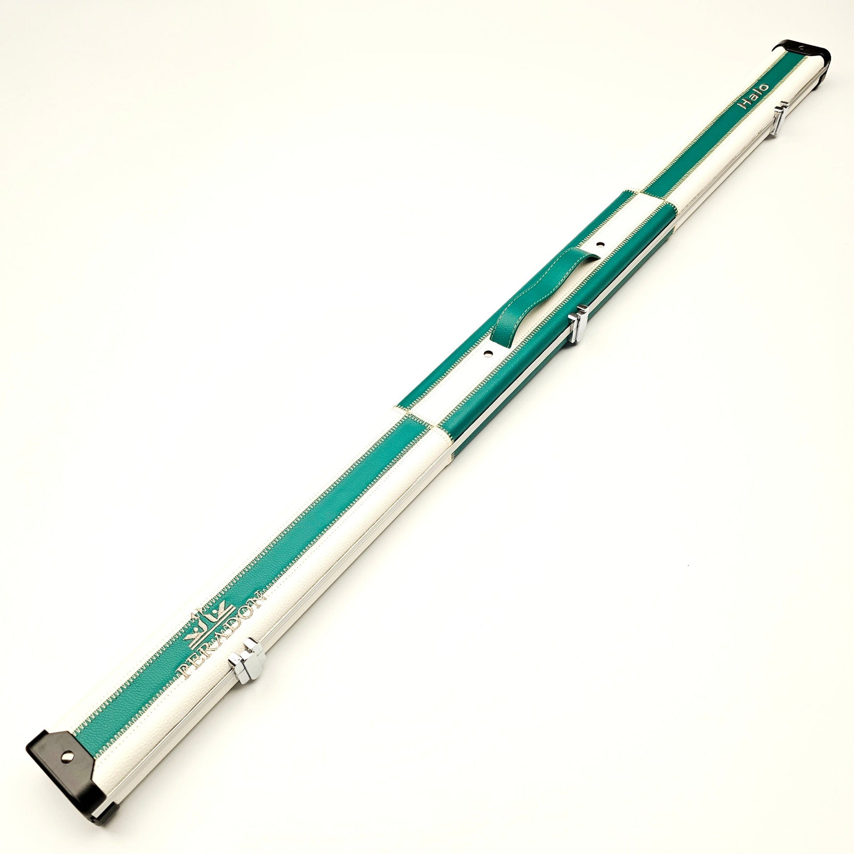 Peradon Limited Edition Green & White Block Halo 3/4 Cue Case - Exterior full length view