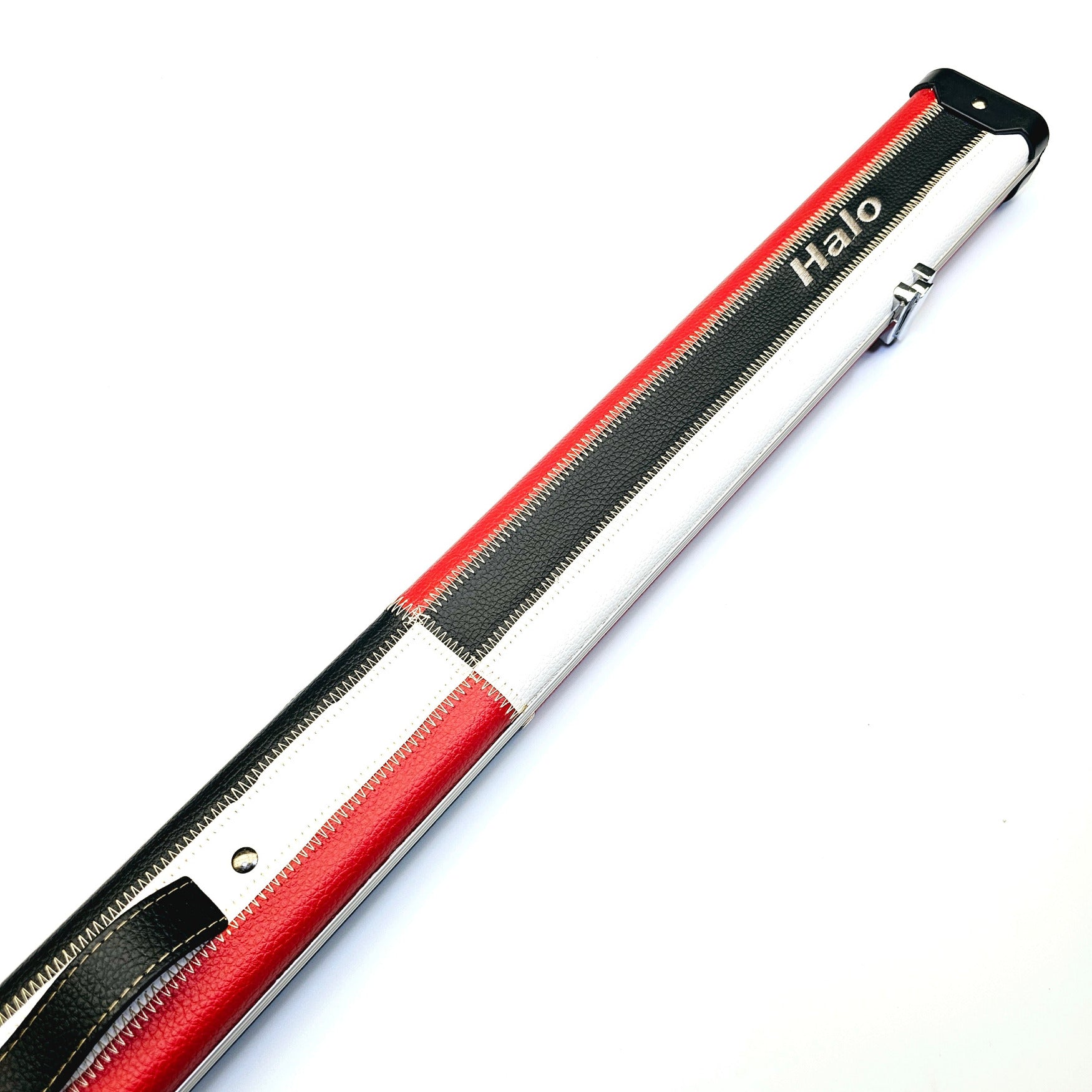 Peradon Limited Edition Red, White & Black Block Halo 3/4 Cue Case - Exterior on angle view