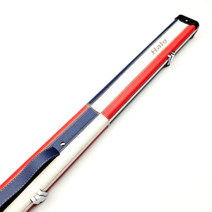 Peradon Limited Edition Red, White & Blue Block Halo 3/4 Cue Case - Exterior on angle view