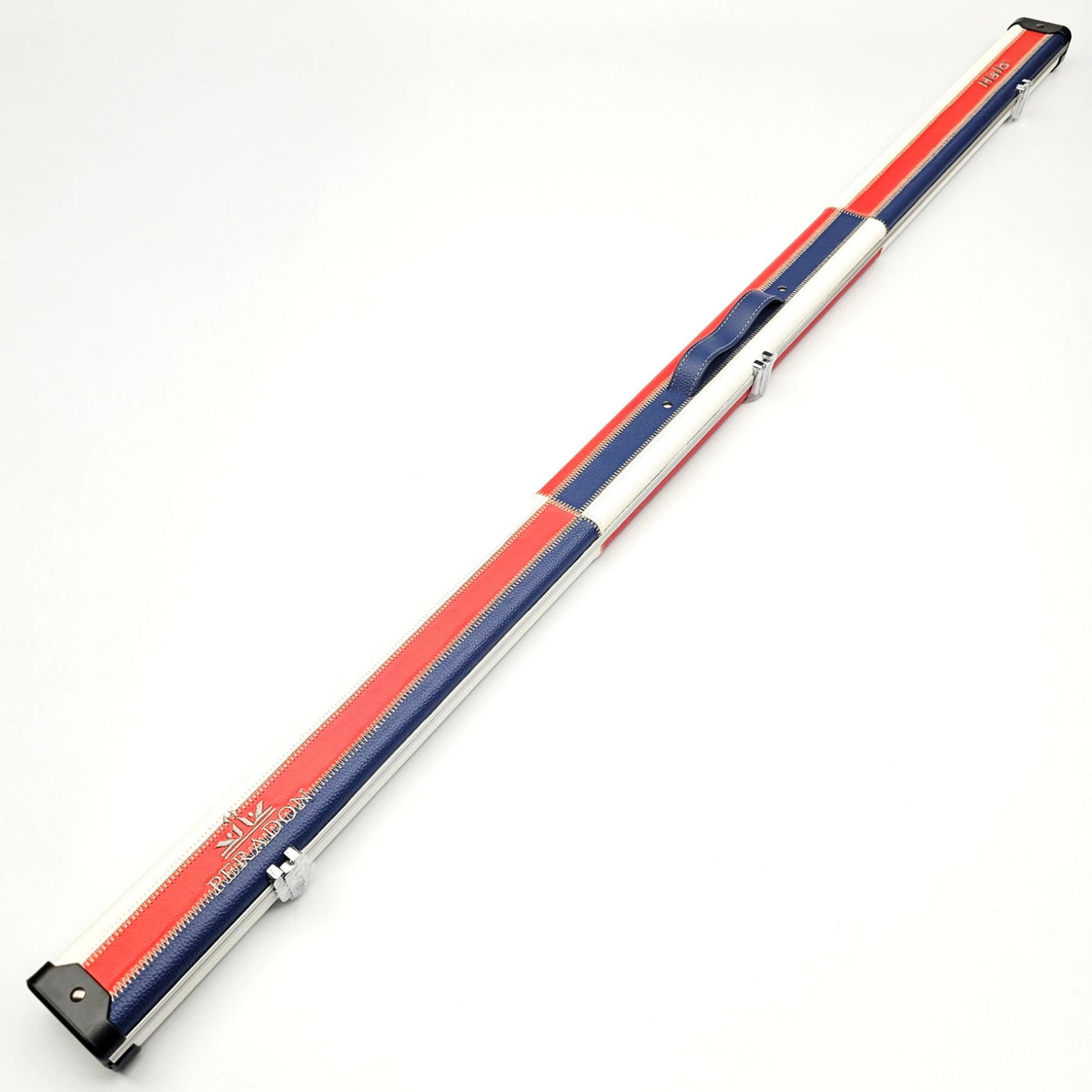 Peradon Limited Edition Red, White & Blue Block Halo One Piece Cue Case - Exterior full length view