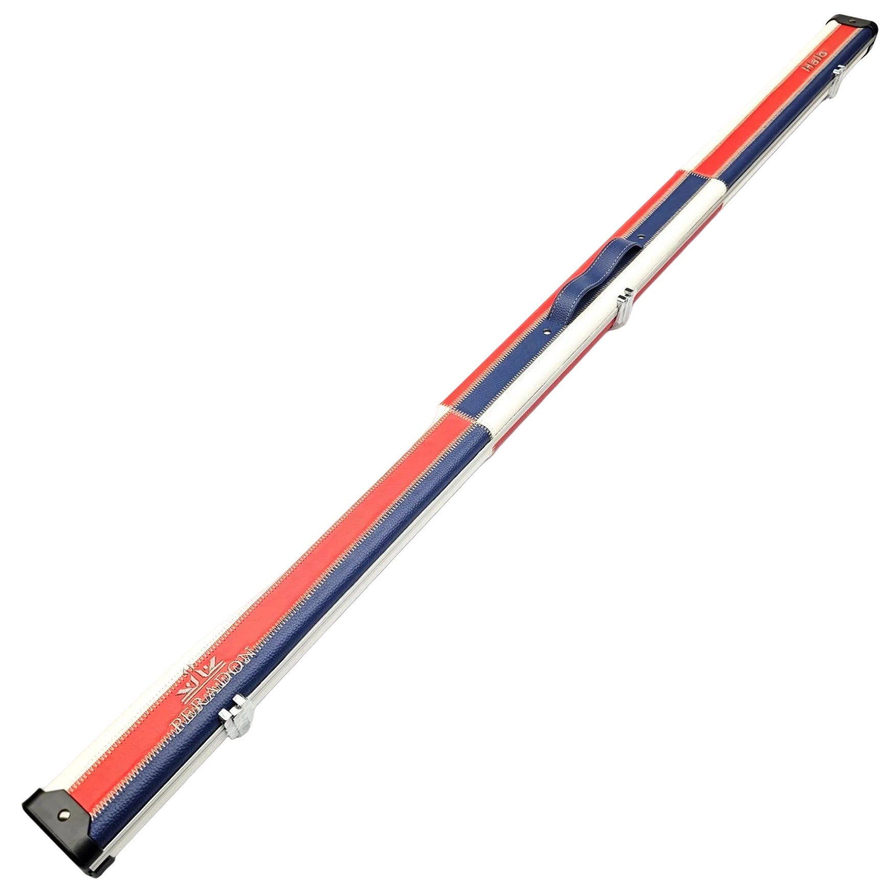 Peradon Limited Edition Red, White & Blue Block Halo One Piece Cue Case - Exterior full length view
