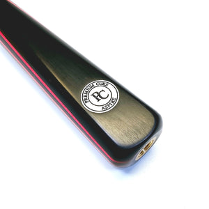 Premium Aspire 55 inch, handmade three quarter jointed 8 Ball Pool Cue on badge view with Red veneers showing