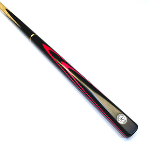 Premium Cues Aspire 55 Inch, handmade three quarter jointed 8 Ball Pool Cue on angle view with red veneers