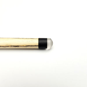 Close-up of Premium Cues BREAKER One Piece 8 Ball Pool Break Cue tip featuring a clear break tip and carbon ferrule for energy transfer