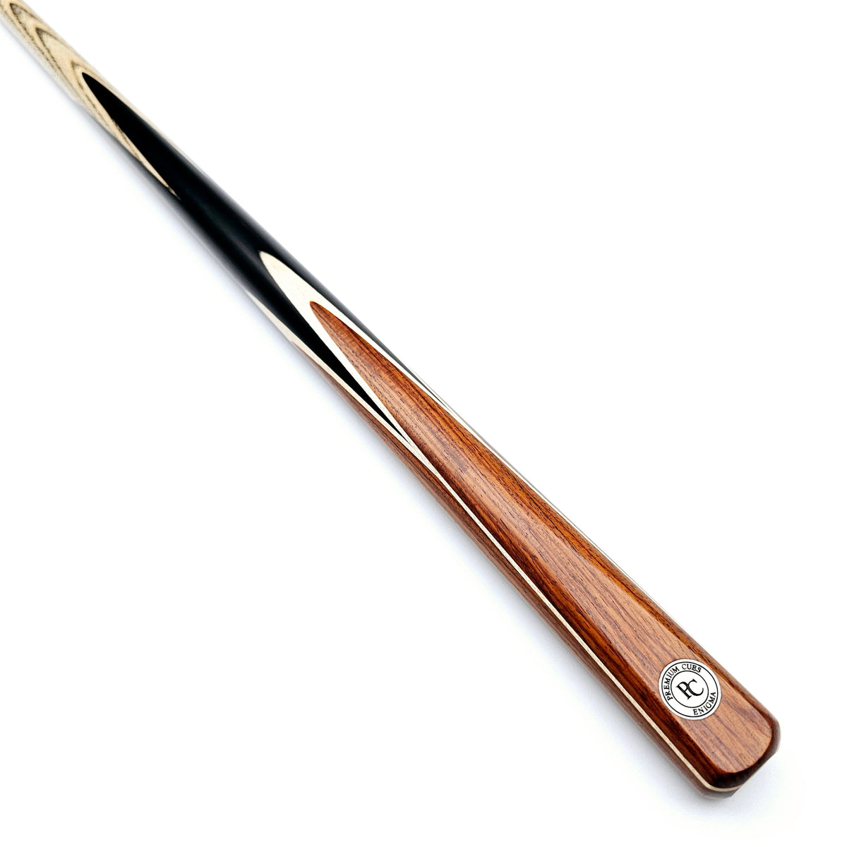 Premium Cues Enigma Handmade One Piece Snooker Cue on angle view