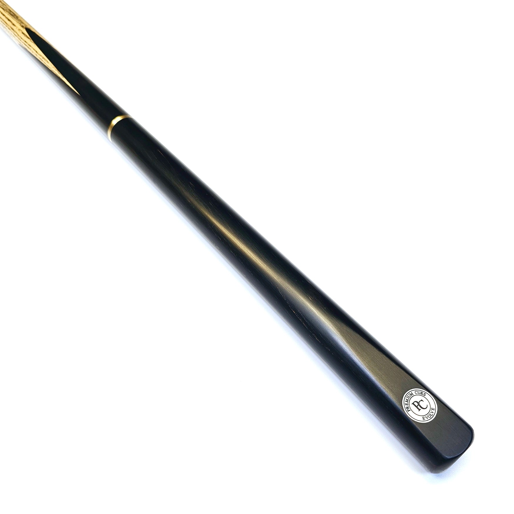 Premium Cues Evolve 57 inch, handmade three quarter jointed 8 ball pool cue on angle view
