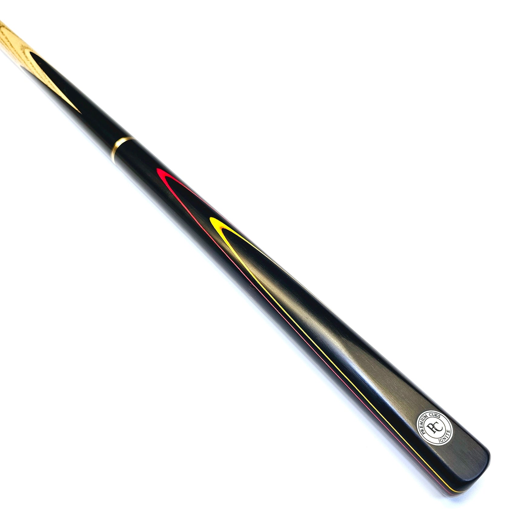 Premium Cues Ignite, handmade three quarter jointed 8 ball pool cue on angle view