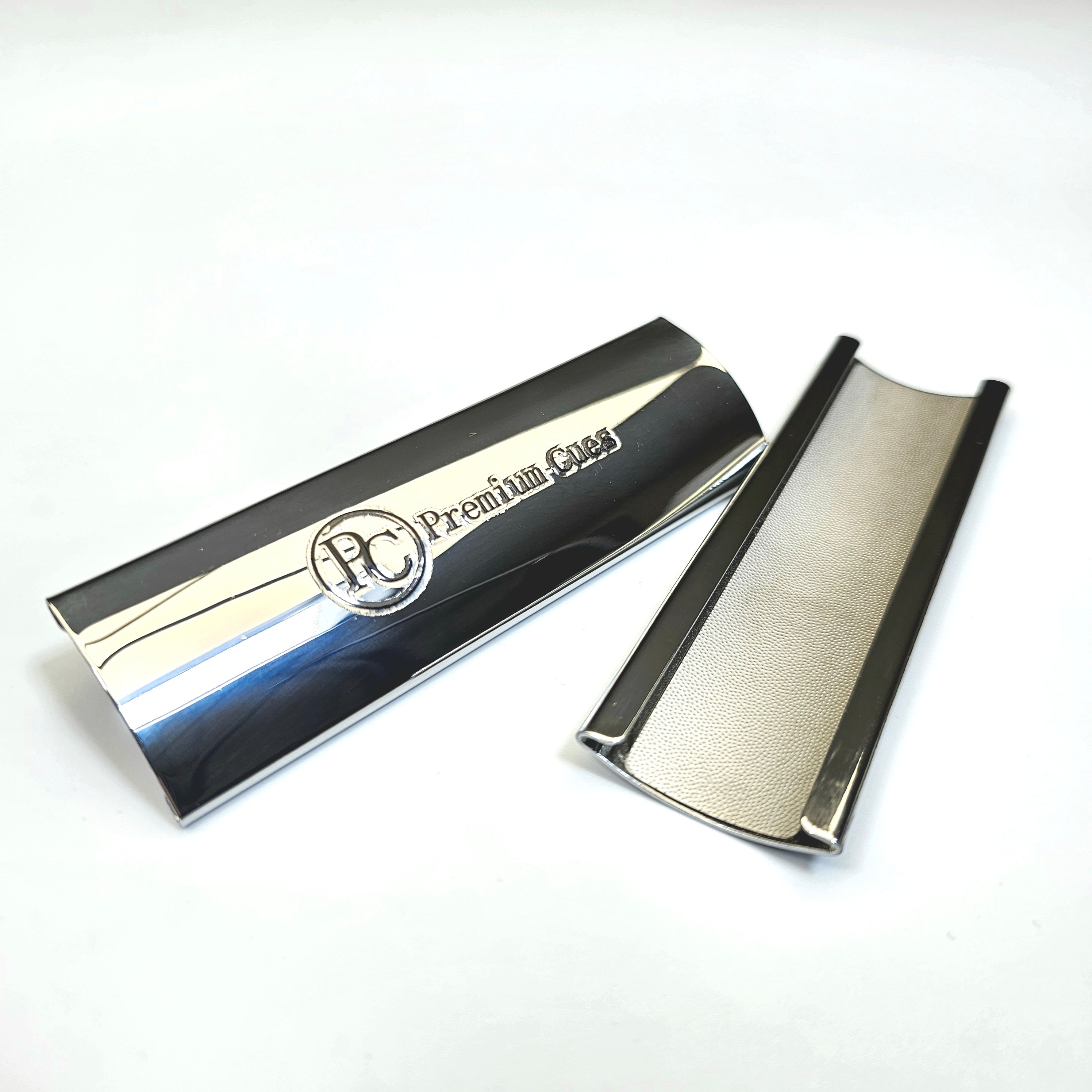 Premium Cues Metal Tip Shaper with sleek chrome finish and sandpaper insert, ideal for shaping billiard cue tips for better spin control.