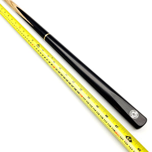 Premium Cues Next-Gen 48" Junior Snooker Cue with sleek black finish and PC logo, shown alongside measuring tape for scale and cue length accuracy.