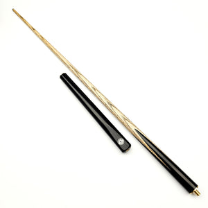 Premium Cues Next-Gen 52" Junior Snooker Cue disassembled into two parts, featuring a three-quarter jointed design for easy transport.