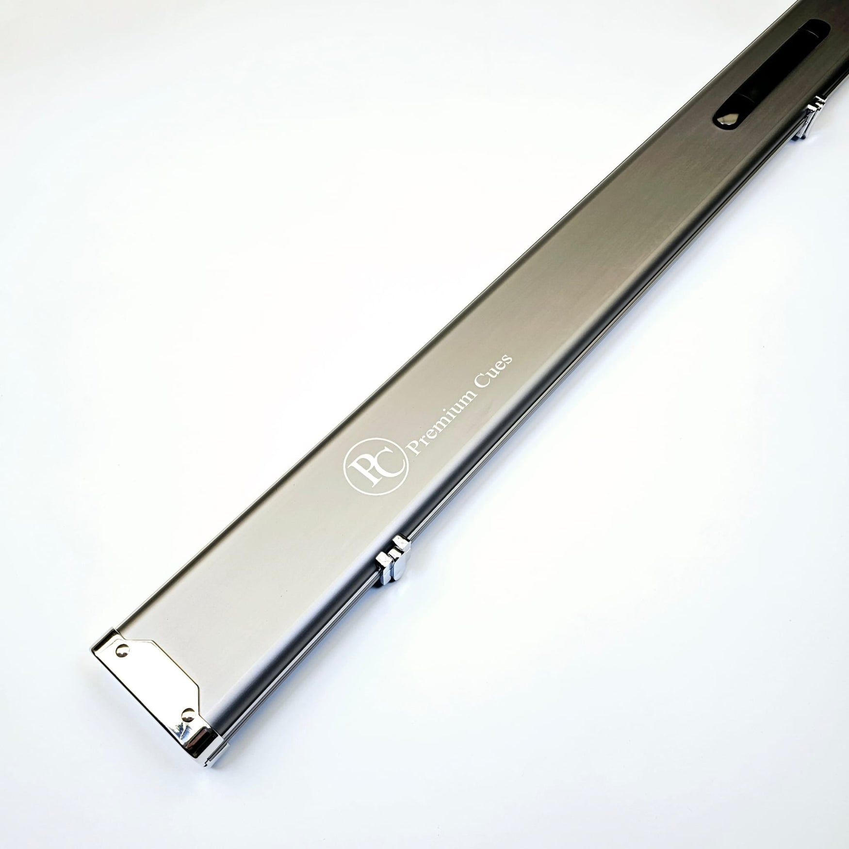 Premium Cues One Piece 3 Channel Aluminium Cue Case on angle in black