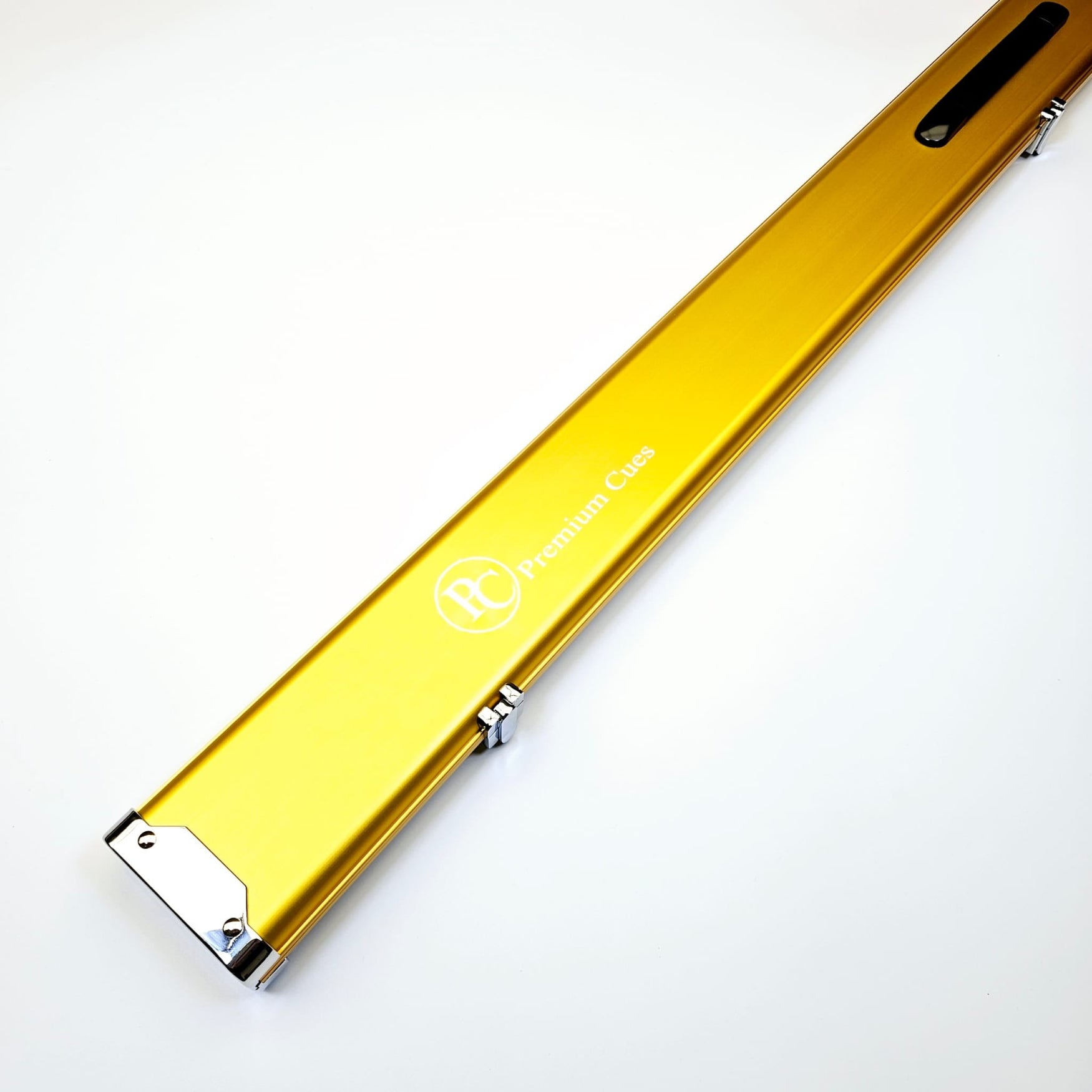 Premium Cues One Piece 3 Channel Aluminium Cue Case on angle in gold