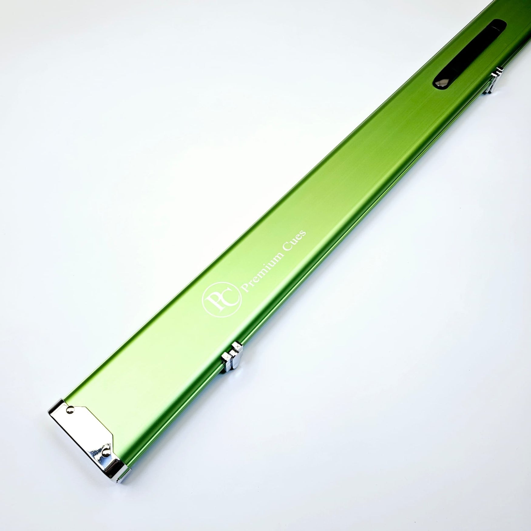 Premium Cues One Piece 3 Channel Aluminium Cue Case on angle in green