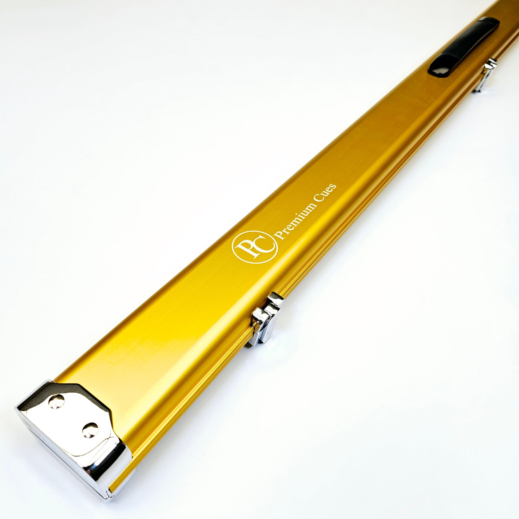 Premium Cues SUPERSLIM Aluminium One Piece Cue Case in gold on angle view