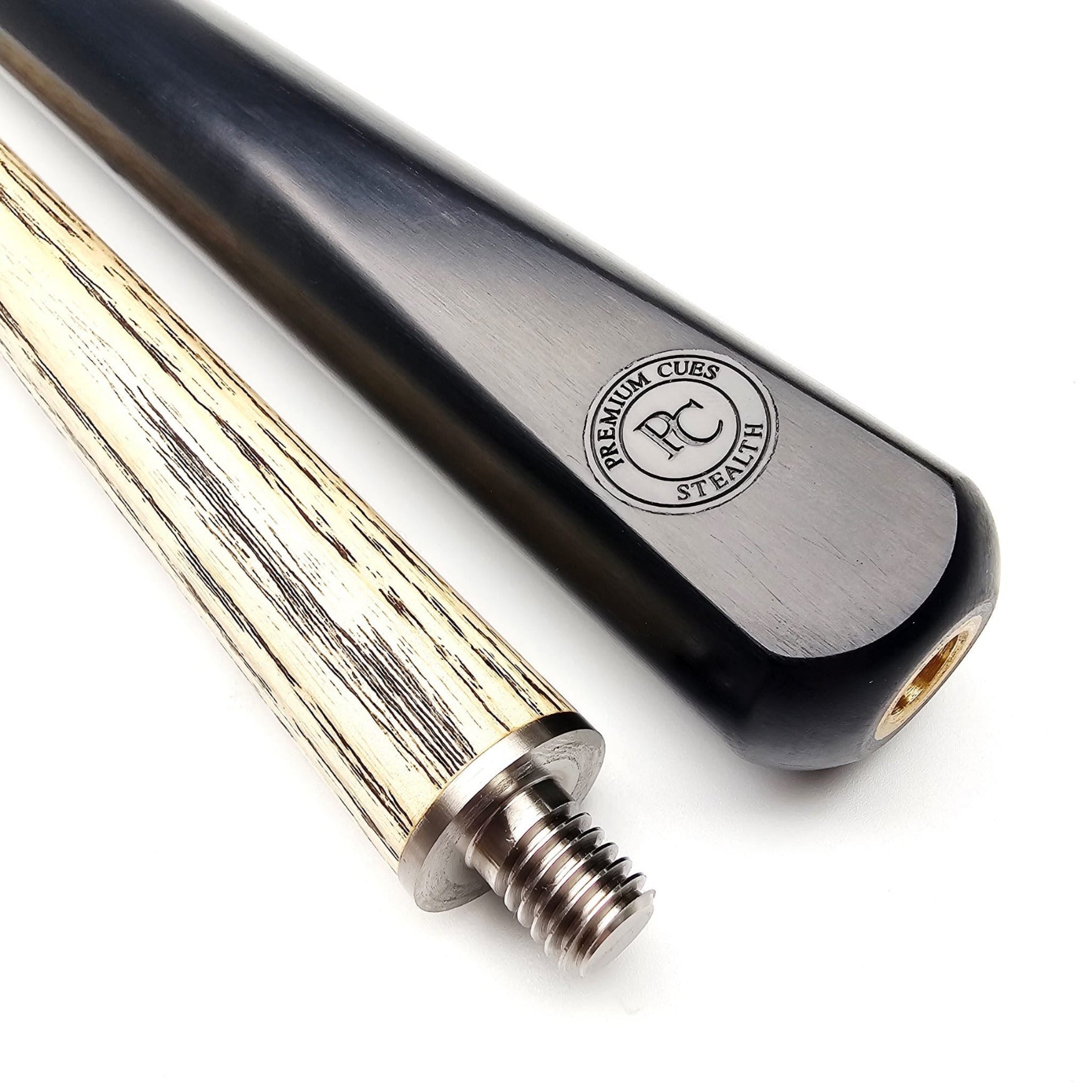 Premium Cues Stealth 57" Handmade Titanium Two Piece Pool Cue - Badge and joint view