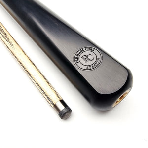 Premium Cues Stealth 57" Handmade Titanium Two Piece Pool Cue - Badge and tip view
