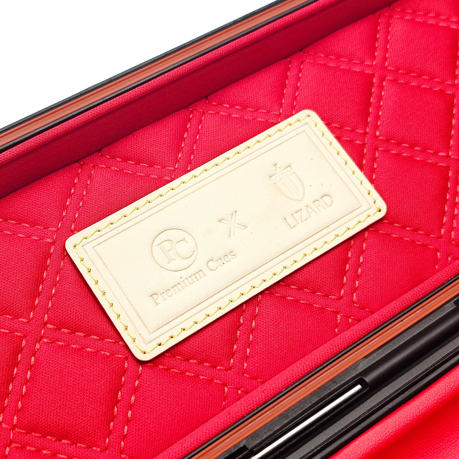 Premium Cues x Vibrant Multifunctional Black One Piece Cue Case - Interior Premium Cues x Vibrant Logo close up view