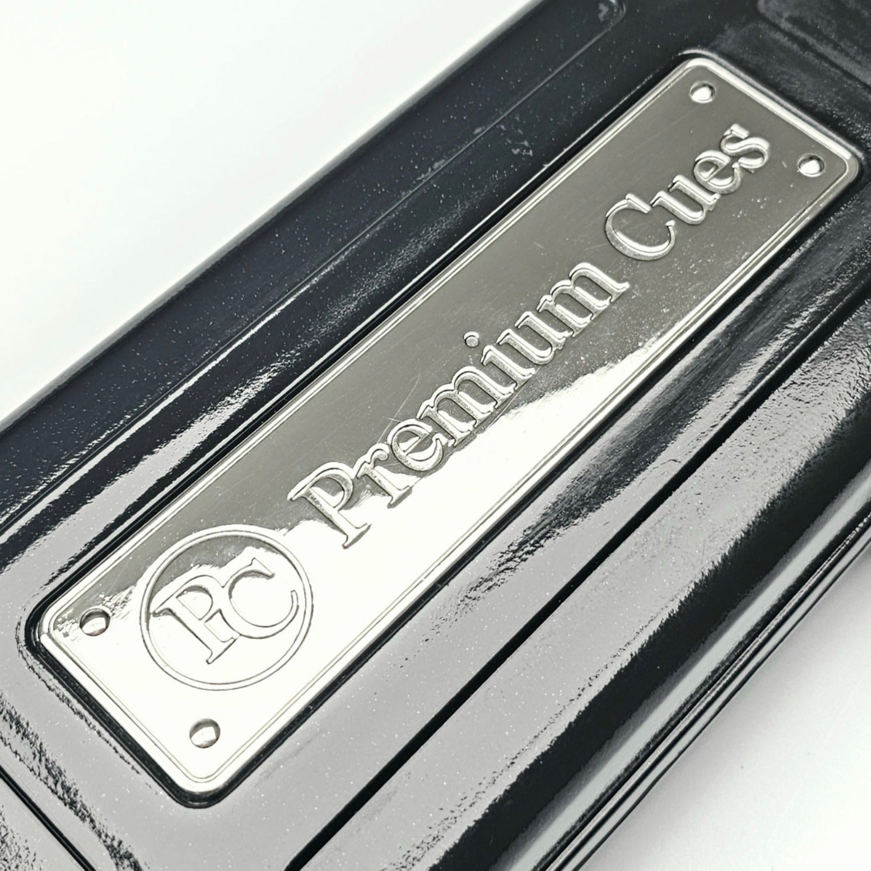 Premium Cues x Vibrant Multifunctional Black One Piece Cue Case - Outside Premium Cues Logo Close Up